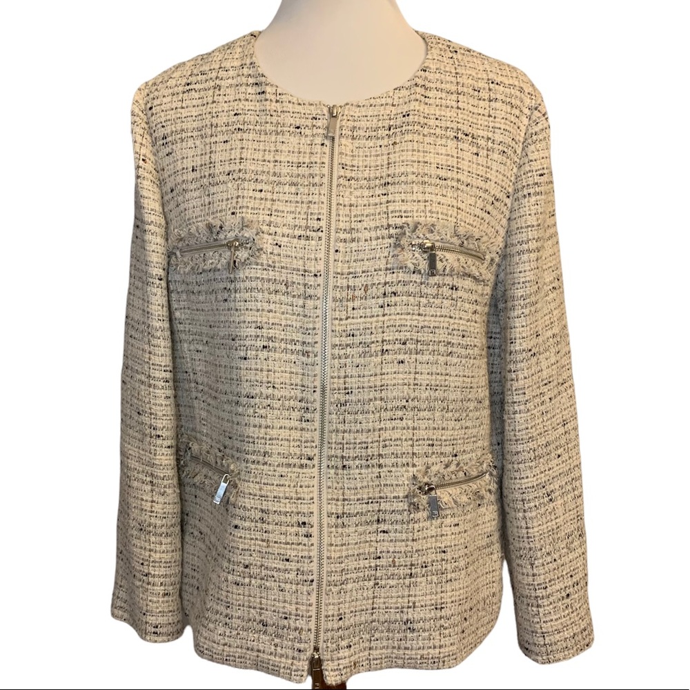 Lafayette 148 New York Tweed Blazer Jacket Boucle Women's Size 16 Fringe Pocket